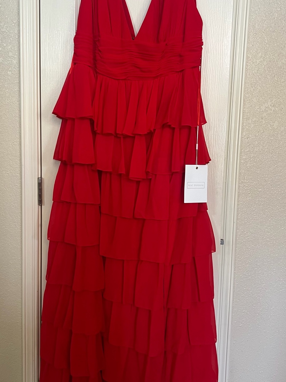 Mac Duggal Red Tiered Ruffle V-Neck Gown